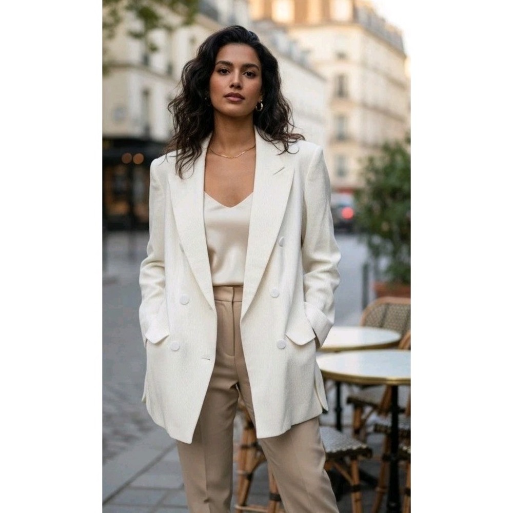 Emporio Armani Double Breasted Blazer Women Size 38 Cream Textured Italy Luxury